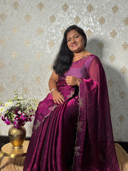 Wine Butterfly bling saree
