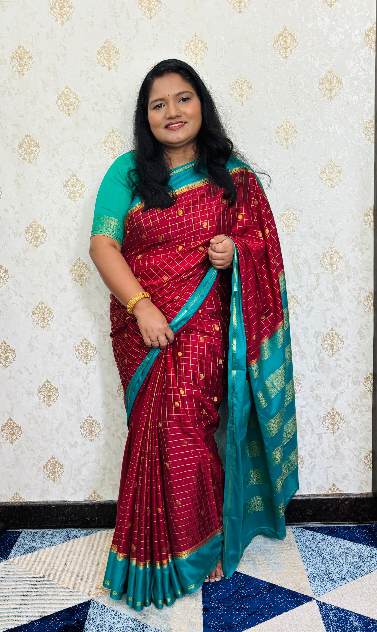 Semi Mysore silk saree in checkered pattern